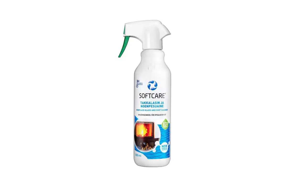 Softcare rengöringsmedel för att ta bort sot från murad spis och glas. Effektiv och miljövänlig formula.