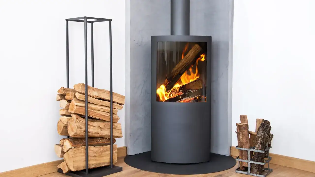 En modern kamin med synliga flammor och vedtr&auml;n som v&auml;ntar p&aring; att elda i kamin. En stapel ved st&aring;r bredvid.