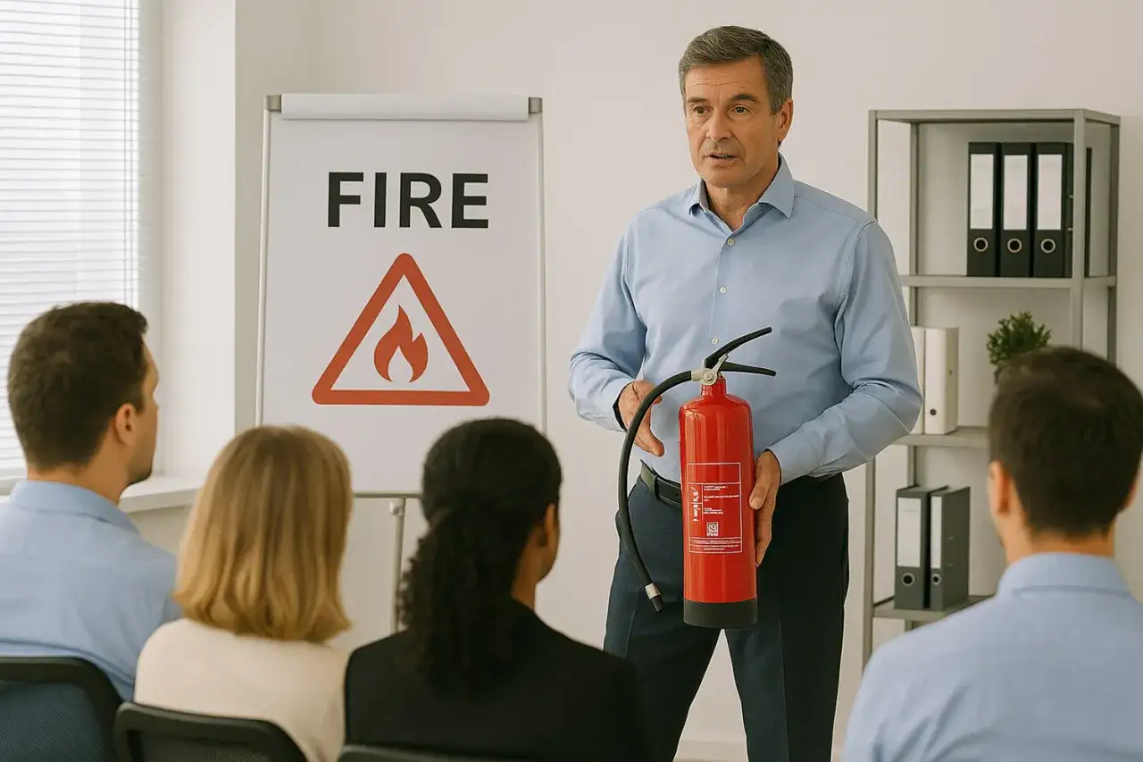 Instruktör visar brandsläckare vid utbildning om heta arbeten. En skylt med 