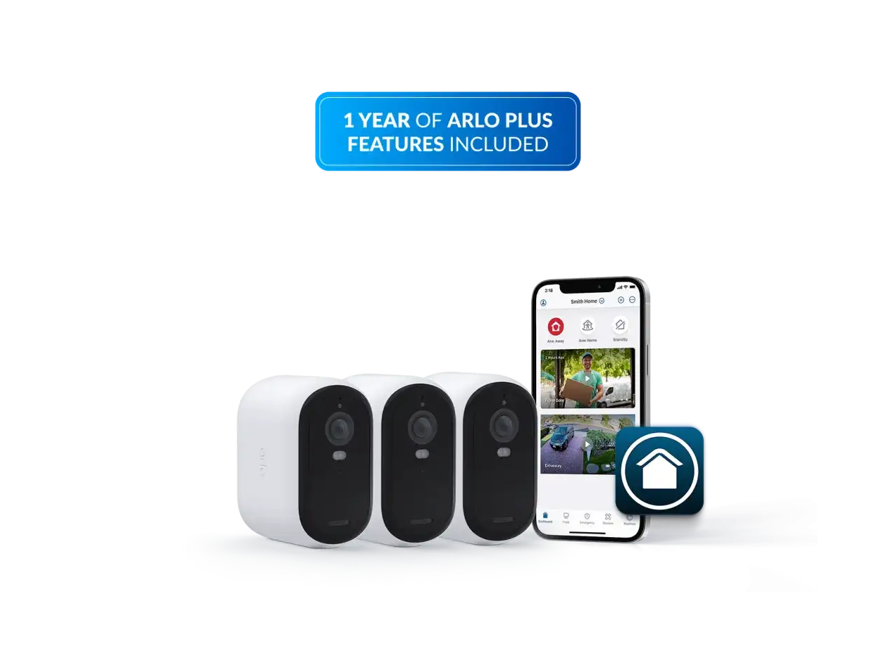 Tre Arlo-kameror och en mobiltelefon som visar Arlo-appen. Ett &aring;r av Arlo Plus-funktioner ing&aring;r, vilket garanterar l&aring;ng arlo batteritid.
