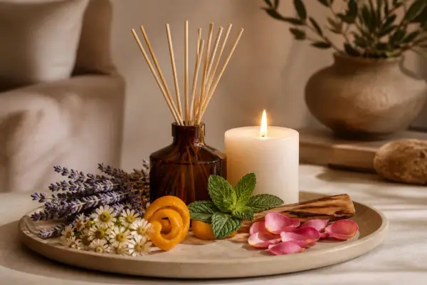En brinnande ljus skapar en lugn atmosfär tillsammans med lavendel, mynta och rosenblad på ett fat.