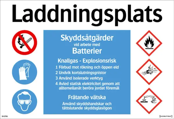 Varning! Laddplats för truckar. Skyddsåtgärder vid arbete med batterier: explosionsrisk, frätande vätska. Använd skyddsutrustning.