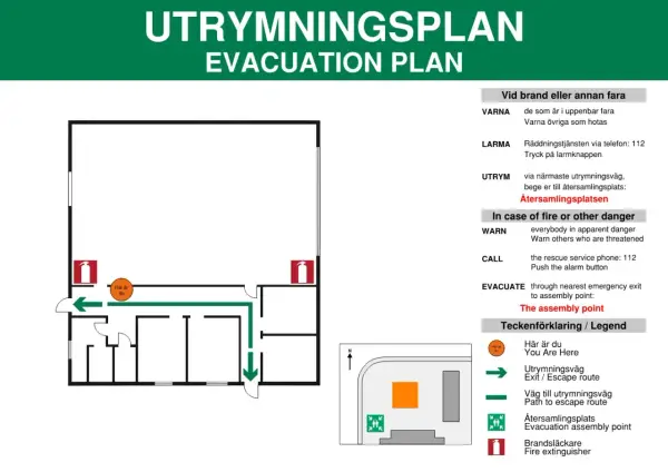 Utrymningsplan visar vägen till närmaste nödutgång och återsamlingsplats. En brandsläckare syns också.