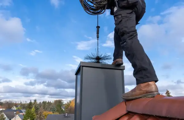 Sotare på taket med verktyg för sotning. En brandskyddskontroll pris kan variera beroende på skorstenens skick.