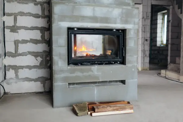 En nyinstallerad kamin med eld i, omgiven av byggmaterial. Snart blir det varmt och mysigt!