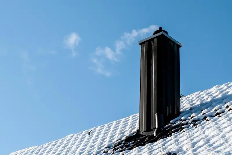 En svart skorsten av plåt ryker på ett snötäckt tak mot en klarblå himmel.