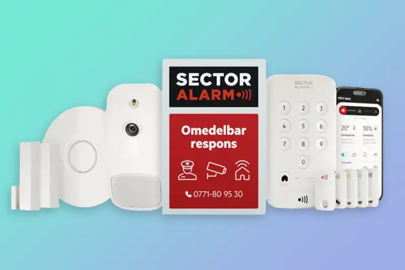 Säkerhetssystem från Sector Alarm med varningslampa, larmpanel, sensorer och mobilapp. Omedelbar respons vid larm.